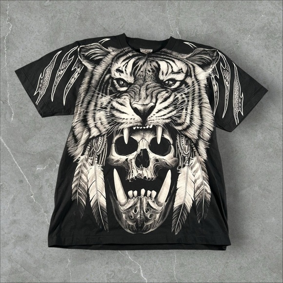 Vintage Rock Eagle Shirt Mens Large Black 90s Tiger Skull Liquid Blue AOP RARE - Picture 1 of 9